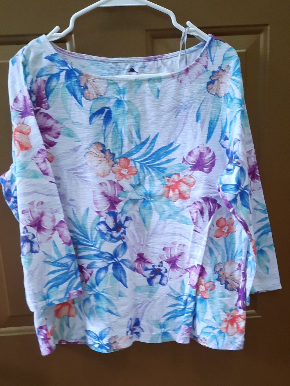 Tommy Bahama White Boatneck Tunic with Blue, Purple and Coral Floral Print
